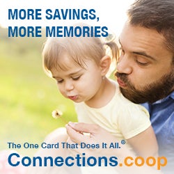 MORE SAVINGS, MORE MEMORIES. The one card that does it all. Connections.coop - A father and daughter blowing dandelion seeds.