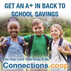 GET AN A+ IN BACK TO SCHOOL SAVINGS. The one card that does it all. Connections.coop - Three young children with backpacks ready for school.