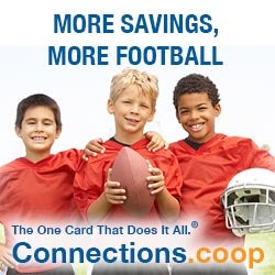 MORE SAVINGS, MORE FOOTBALL. The one card that does it all. Connections.coop - Three young boys ready to play football.