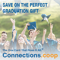 Save on the perfet graduation gift. The one card that does it all. Connections.coop - A group of graduates in graduation gowns tossing mortarboard caps into the air.