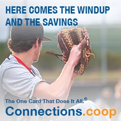 HERE COMES THE WINDUP AND THE SAVINGS. The one card that does it all. Connections.coop - A baseball player preparing to pitch the ball.