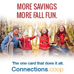 MORE SAVINGS, MORE FALL FUN. The one card that does it all. Connections.coop - Two parents tossing fallen autumn leaves with their two young children.