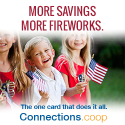 MORE SAVINGS, MORE FIREWORKS. The one card that does it all. Connections.coop - Three children waving small American flags.