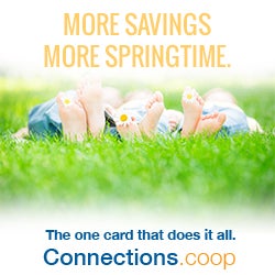 MORE SAVINGS, MORE SPRINGTIME. The one card that does it all. Connections.coop - Children lying barefoot on grass with daisies between their toes.