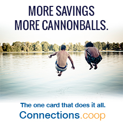 MORE SAVINGS, MORE CANNONBALLS. The one card that does it all. Connections.coop - Two young men doing cannonball jumps into a lake.