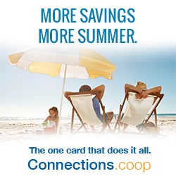 MORE SAVINGS, MORE SUMMER. The one card that does it all. Connections.coop - Two parents in beach chairs watch their young daughter play in the sand.