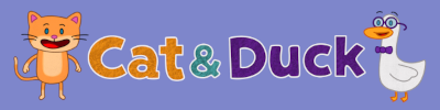Cat and Duck with orange-brown cartoon cat and white cartoon duck