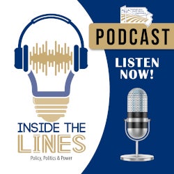 Inside the Lines (Policy, Politics & Power) Podcast. Listen Now! A light bulb wearing headphones beside a microphone.