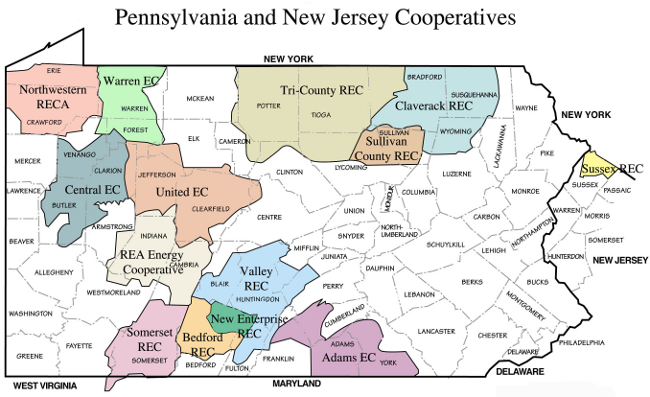 Map of service territories of electric cooperatives in Pennsylvania and New Jersey