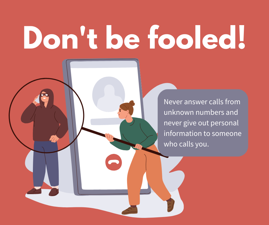 Cartoon version of a woman with a huge magnifying glass focusing on a hooded and masked person standing behind a huge smart phone.