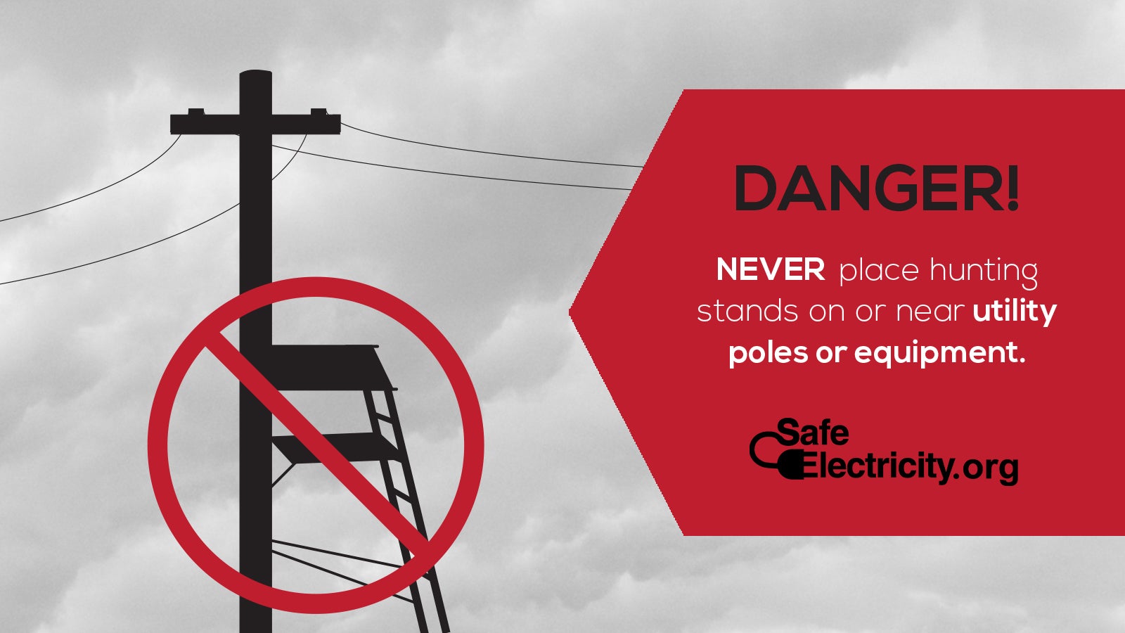 Silhouette of a hunting stand leaning against a utility pole with a red NO symbol over it.