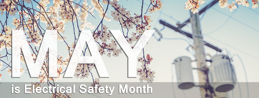 Transformers on a utility pole with tree blossoms in the foreground with message: May is Electrical Safety Month